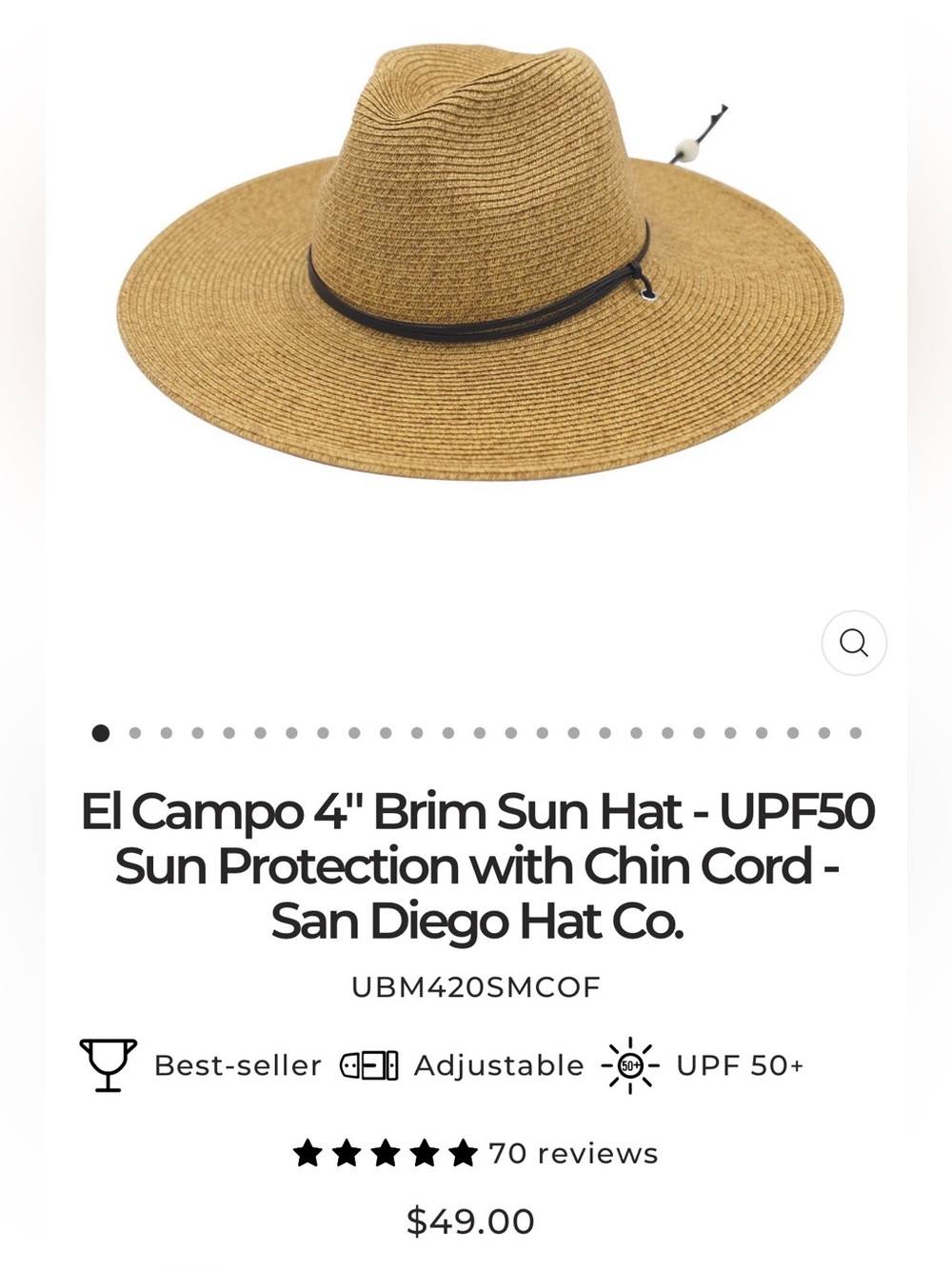 San Diego Hat Co. El Campo 4” Brim Sun Hat UPF 50+ Adjustable Chin Cord Medium